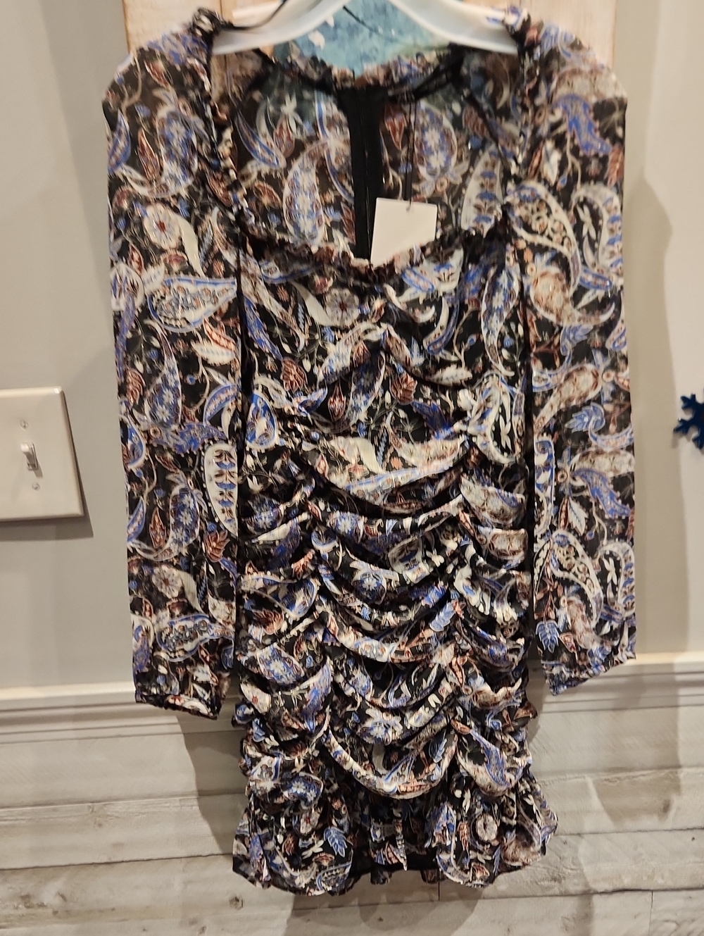 NWT Zara Black Paisley Ruched Long-Sleeve Mini Dress w/Blue & Brown Accents SZ M